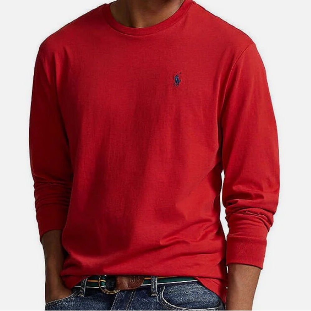 Ralph Lauren Red Long Sleeve Tee with Navy Logo, Polo Waffle Crew Neck top